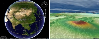 左：3Dシーンの初期表示画面　　右：3Dシーンへの地形データの重ね合わせ